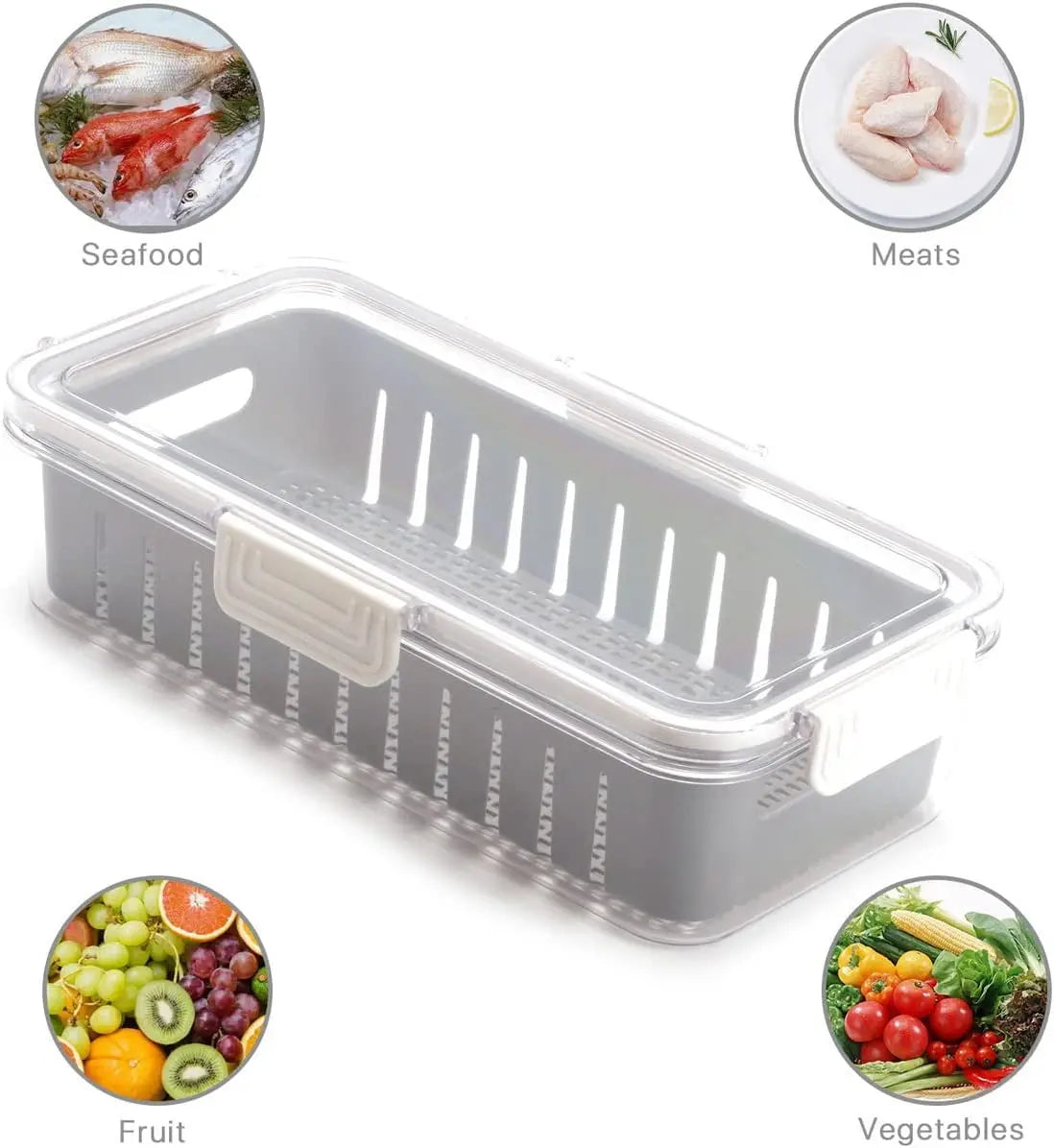 Set of 2 Kitchen Storage Box Stackable Container Organisation Bin with Snap Lid Removable Basket, Vegetable and Fruit Storage Container for Fridge Refrigerator