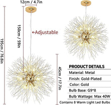 Load image into Gallery viewer, Modern Firework Chandeliers Dandelion Pendant Light, 8 Lights G9 Lamps Alloy Fixtures - with Bulb and 32 Strings Crystal, for Living Room, Bedroom, Dining, Foyer, Hallway, Shop (Gold, Warm Light)
