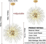 Modern Firework Chandeliers Dandelion Pendant Light, 8 Lights G9 Lamps Alloy Fixtures - with Bulb and 32 Strings Crystal, for Living Room, Bedroom, Dining, Foyer, Hallway, Shop (Gold, Warm Light)