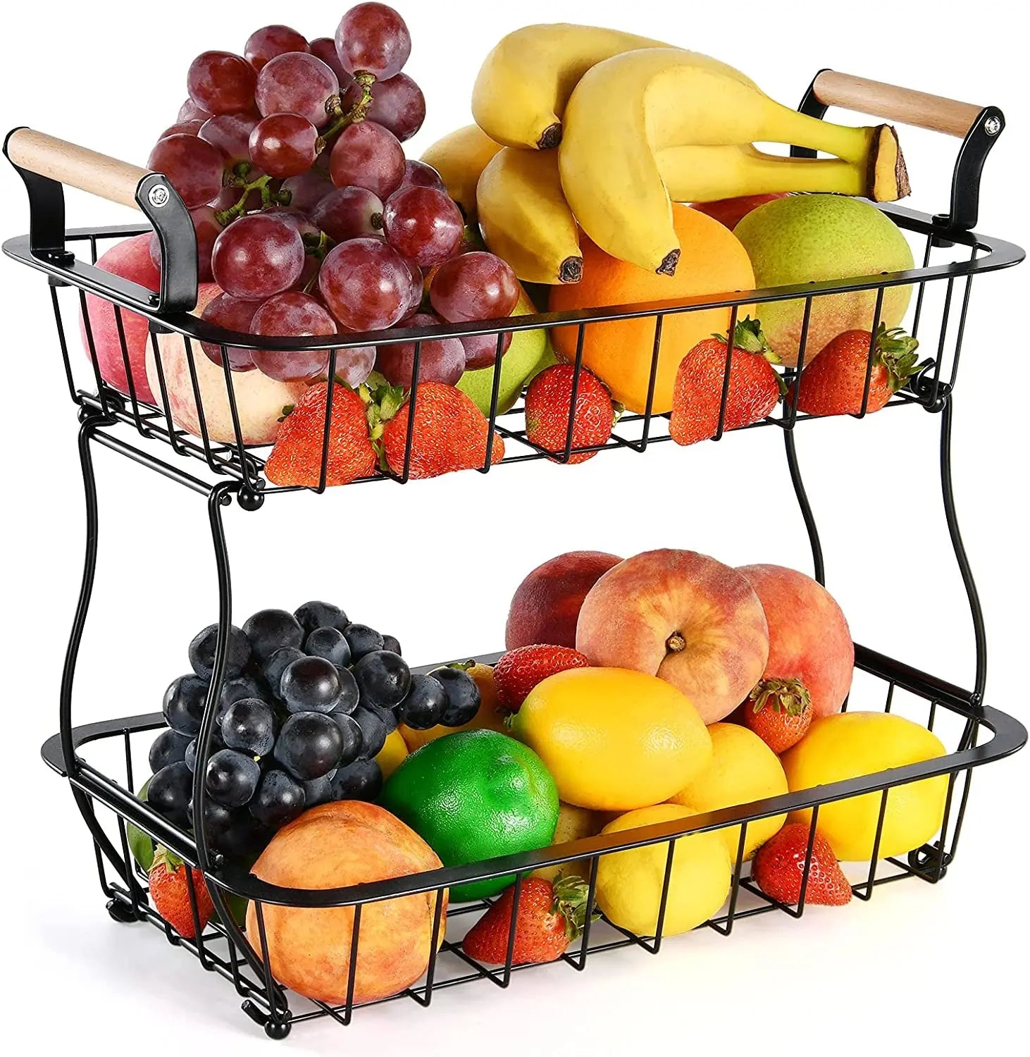 2 Tier Countertop Fruit Basket for Kitchen Vegetable Fruits Basket Bowl Stand Metal Rectangle Wire Basket Storage Holder for Fruits Veggies Bread Snacks Kitchen Organizer, Black