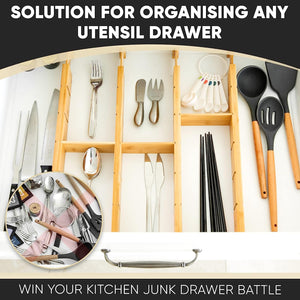 Bamboo Drawer Dividers - Customisable & Expandable Kitchen Drawer Organiser with 12 Inserts, Slatted Partitions, Rubber Pads - Desk Drawer Organiser - Adjustable Cutlery Organiser - Set of 4 (33-46Cm)