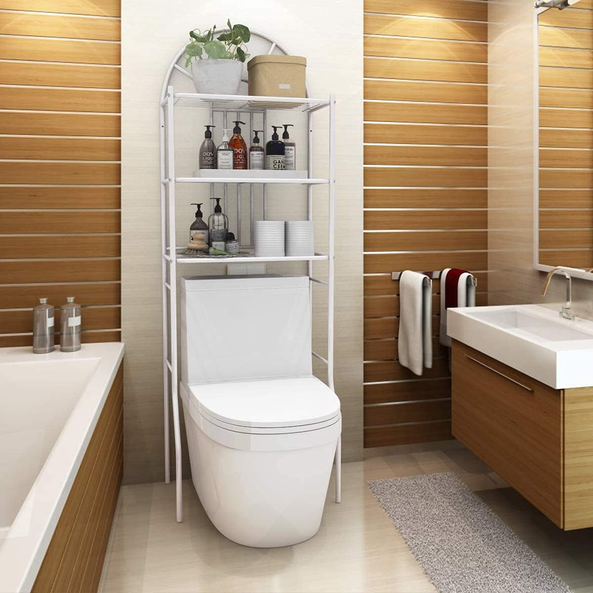 over the Toilet Storage Rack, Freestanding 3-Tier Bathroom Space Saver, Washing Machine Shelf, Bathroom Organizer with Metal Frame Shelf for Home Bathroom Laundry, 59Cm X 33Cmx173Cm (L X W X H), White