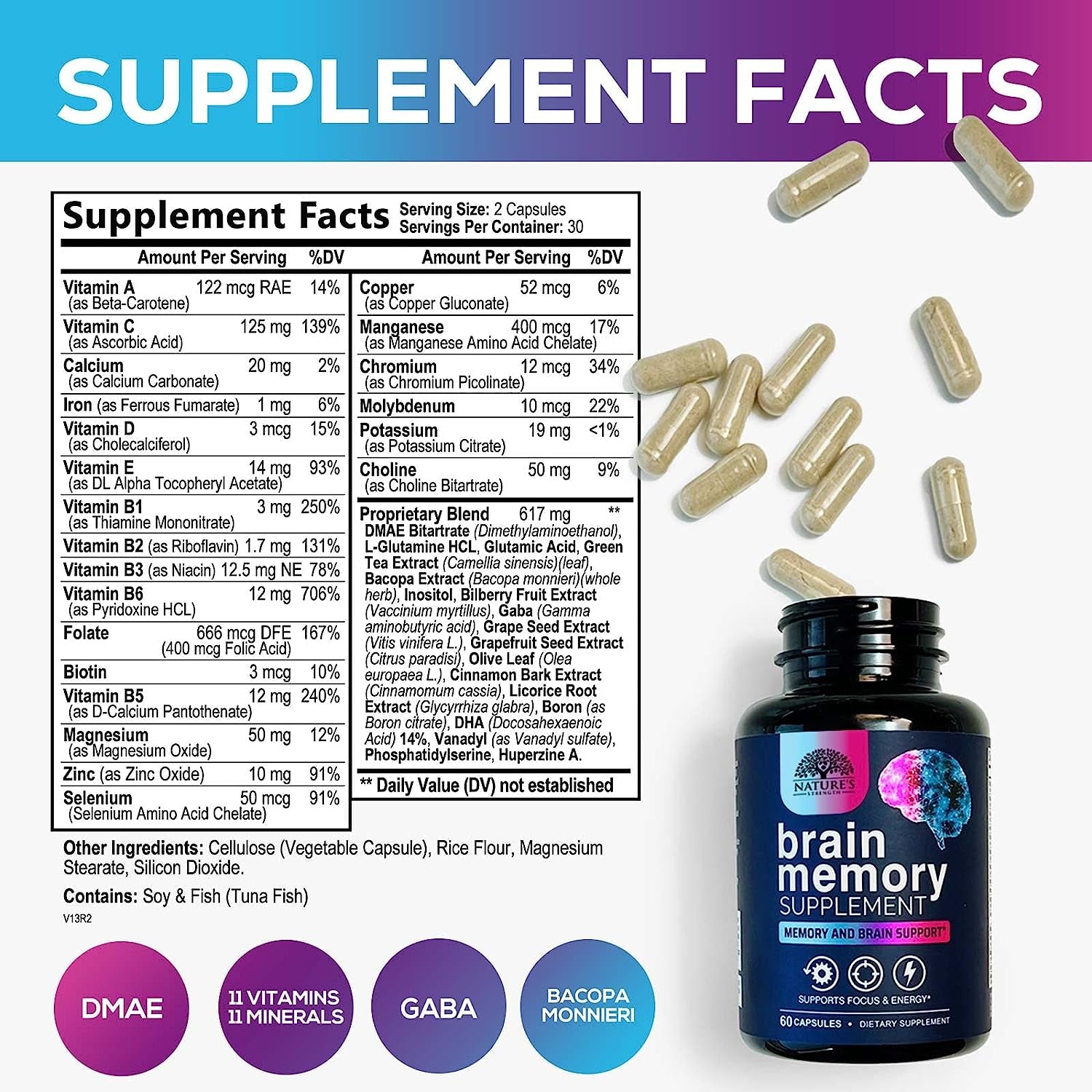 Brain Supplement to Support Focus - DMAE Brain Booster Supplement for Brain Support with Bacopa Monnieri and B Vitamins for Concentration Support Energy Support and Memory Support - 60 Capsules