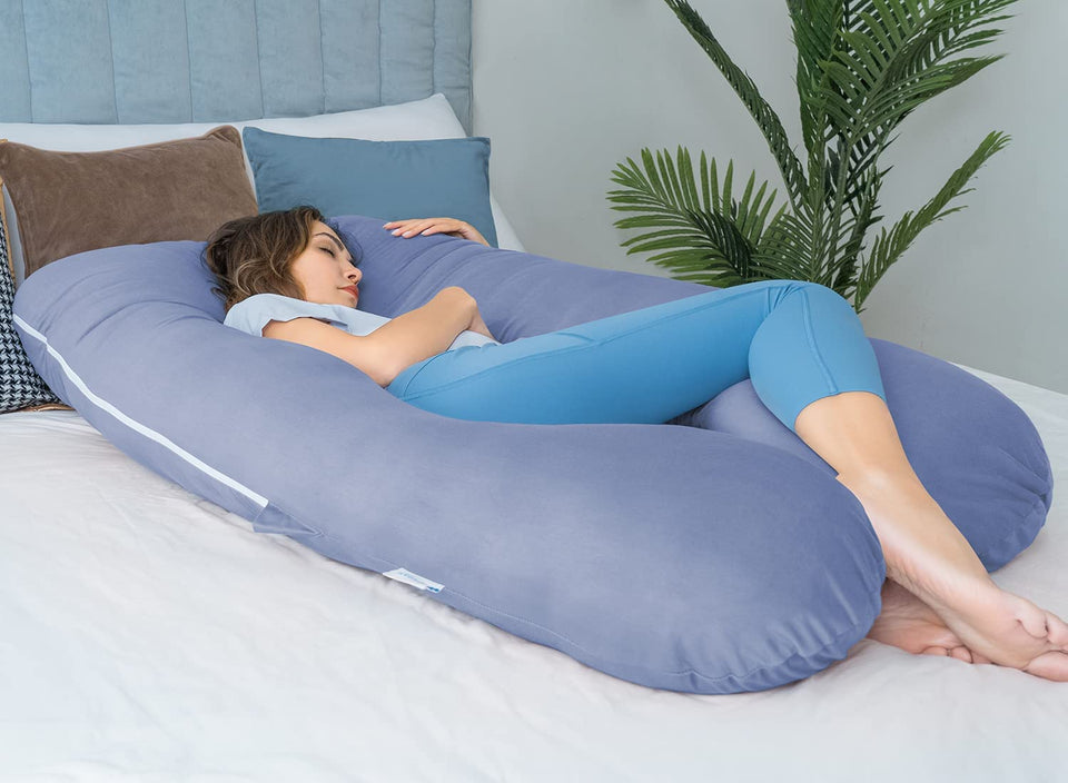 Pregnancy Pillows, Organic Cotton U Shaped Body Pillow for Sleeping, Cooling Maternity Pillow for Pregnant Women Support, Pregnancy Back Pain Relief Pillow, Blue