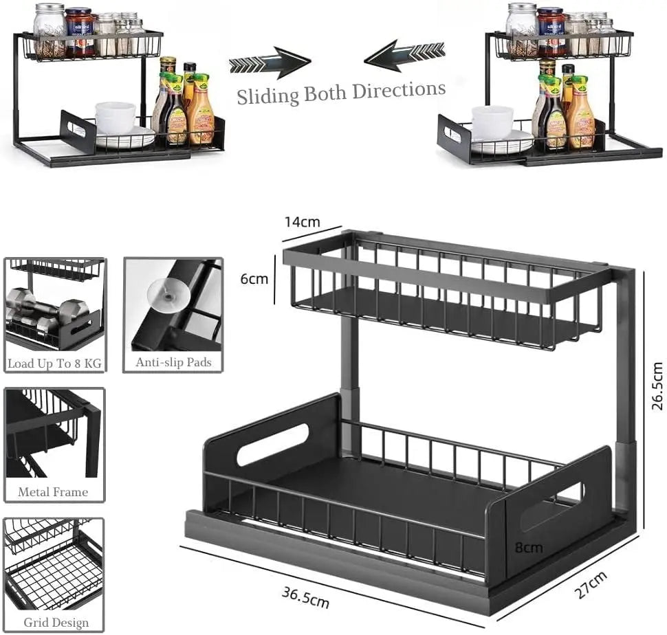 2 Tier under Sink Organiser, Sliding Cabinet Drawer Storage with Non-Slip Pads, Home Kitchen Pantry Bathroom Basket Storage Organiser Pull Out Bins, under Sink Shelf Caddy Storage Organisation (Metal - Black)