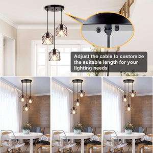 Vintage Pendant Light, 3-Light Adjustable Hanging Pendant Lights Fixture with Cage Shade, Industrial Design Pendant Lamp for Kitchen/Dining Room/Hallway, E27 Base Black
