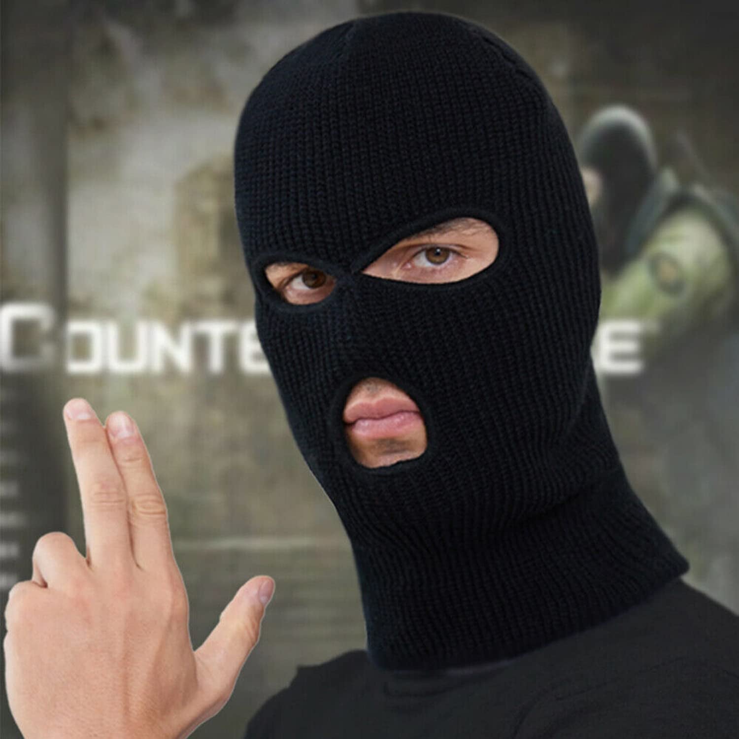 3 Holes Black Balaclava Style Windproof Mask Neck Warmer Ski Hat Fishing 3 Hole Beanie Face Mask Ski-Warm Knit-Men and Women Black