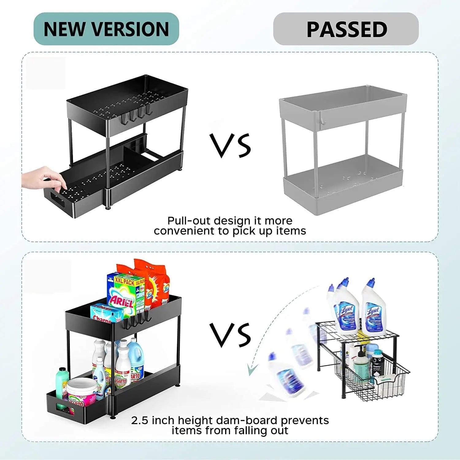 under Sink Organizers and Storage Pull Out Sliding Drawers,2 Tier Under-Sink Organizers with Sliding Drawer with 4 Hooks,Under Sliding Cabinet Basket Organizer Holder for Bathroom Kitchen