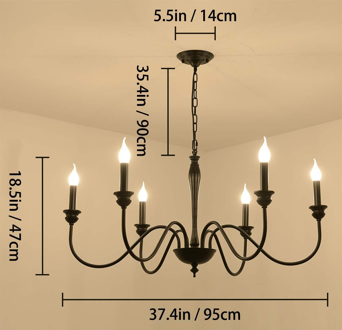 6-Light Farmhouse Chandeliers Black Classic Candle Ceiling Pendant Light Fixture Rustic Ceiling Chandelier for Foyer,Living Room,Kitchen Island,Dining Room