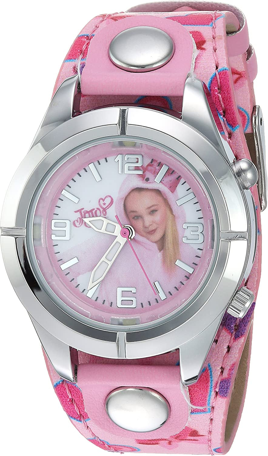 Jojo Siwa Kids' Analog Watch with Silver-Tone Case, Pink Leather Strap, Easy to Buckle - Kids' Watch with Jojo Siwa on the Dial, Safe for Children - Model: JOJ5003, PINK, Analog Watch