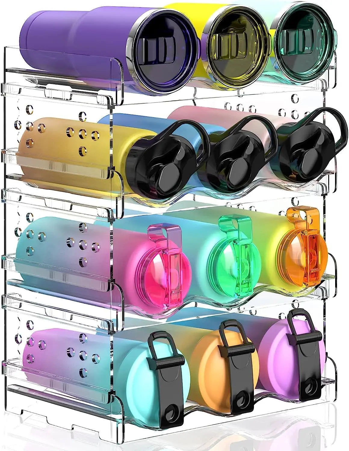 Water Bottle Organiser, Water Bottle Holder Plastic Stackable Water Bottle Storage Rack for Kitchen Cabinets, Countertop, Pantry Storage and Fridge, Free-Standing Tumbler Kitchen Storage Holder for Wine and Drink Bottles (4 Pack)