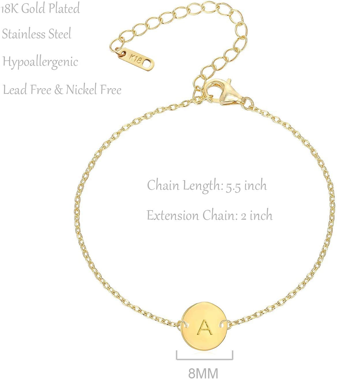 Personalized Initial Bracelet, 18K Gold Plated Stainless Steel Letter Bracelet Dainty Coin Charm Bracelet Delicate Disc Name Bracelet for Women Girls