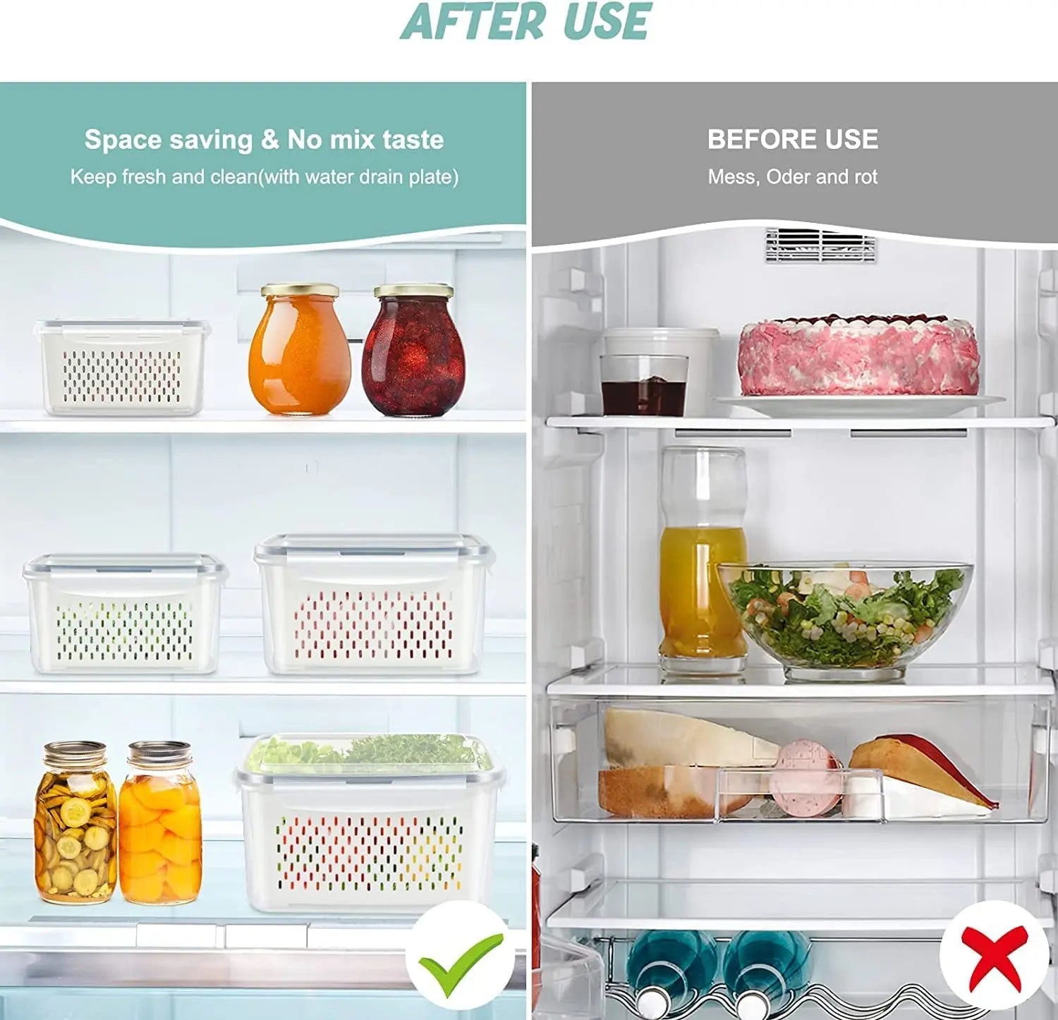 Food Storage Containers with Lids Set of 4,Fridge Organiser Bins,Fridge Storage with Colander,Reusable Food Containers for Fruit & Vegetable Storage,Kitchen Storage & Organisation