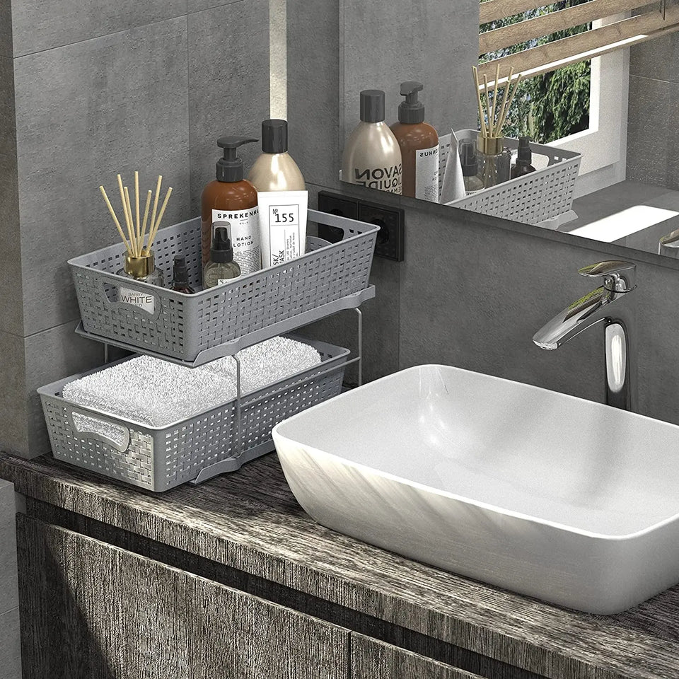 Simplehouseware 2 Tier Bathroom Organizer Tray Pull-Out Sliding Drawer/Under-Sink Storage, Grey