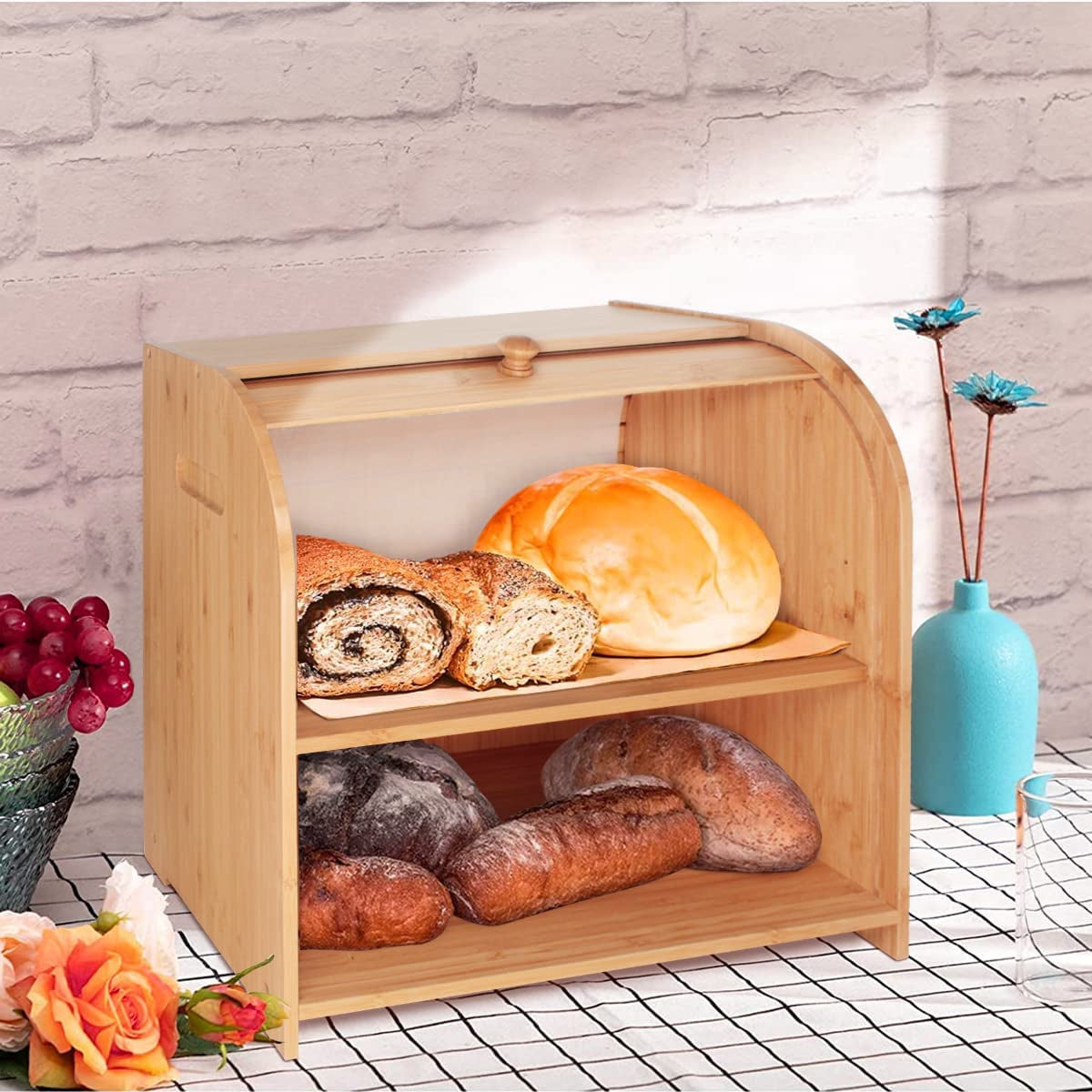 Bamboo Bread Box for Kitchen Counter, Double Layer Roll Top Bread Keeper Food Storage Container with Adjustable Shelf