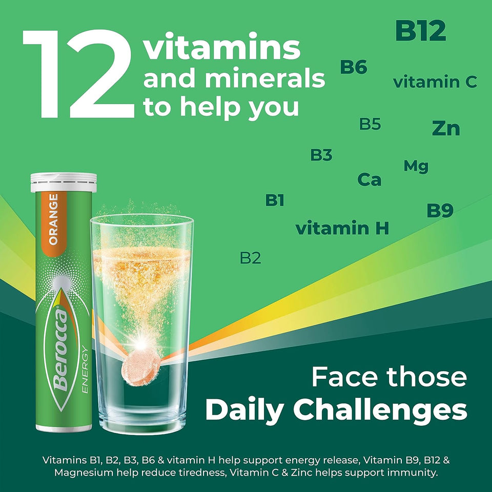 Energy Vitamin with 12 Essential Vitamins and Minerals to Help Support Physical Energy and Mental Sharpness, Orange Flavour, 15 Effervescent Tablets