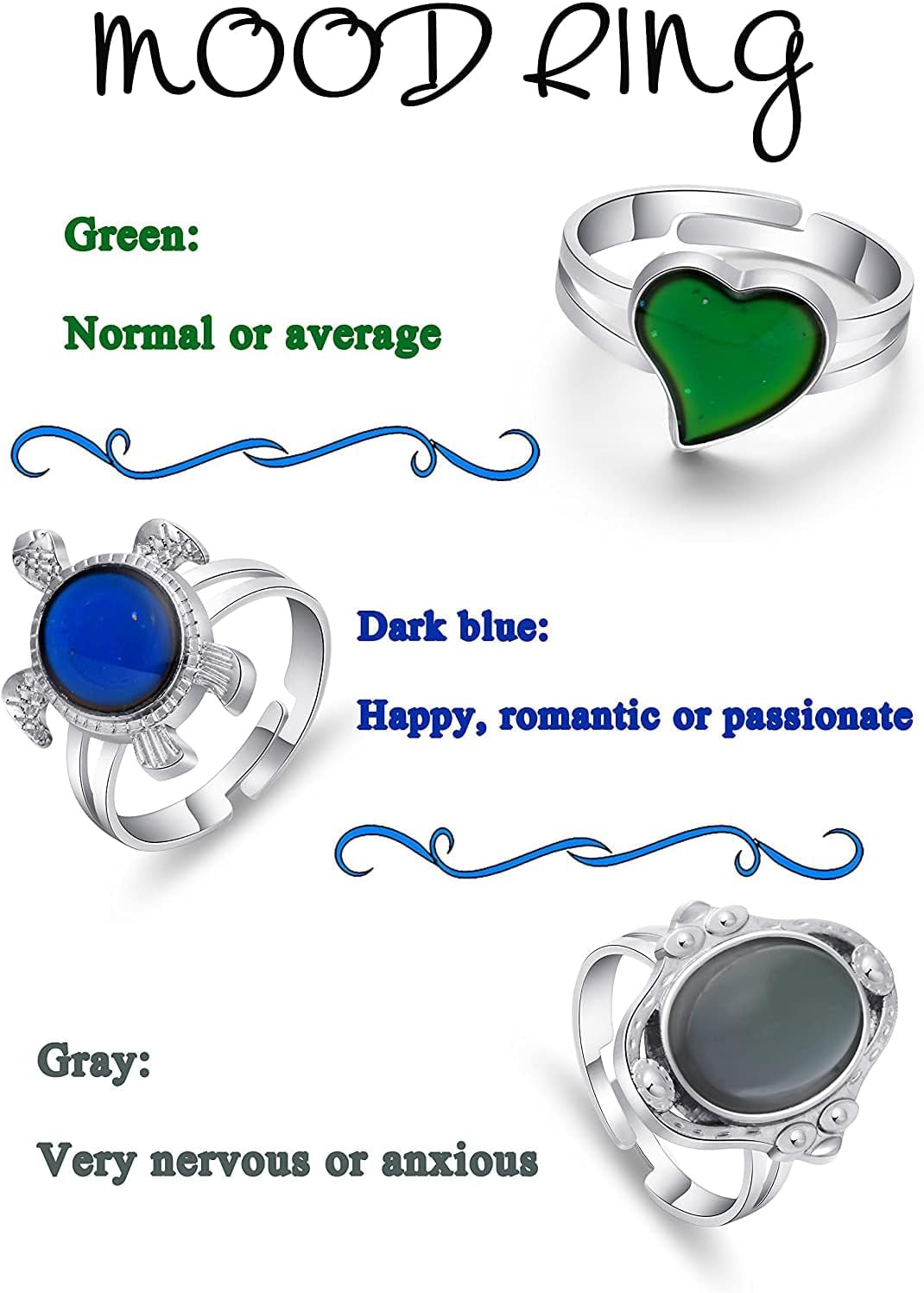 3PCS Mood Ring for Girls Adjusable Size Color Changing Ring Set for Women Girl