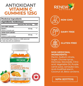 Vitamin C Gummies, (60 Count) 125MG, like Eating Fresh Oranges - Delicious Citrus Flavor, Immune Support Gummies Vitamins for Adults and Kids, Vitamin C Chewable, Vegan, Made in Canada