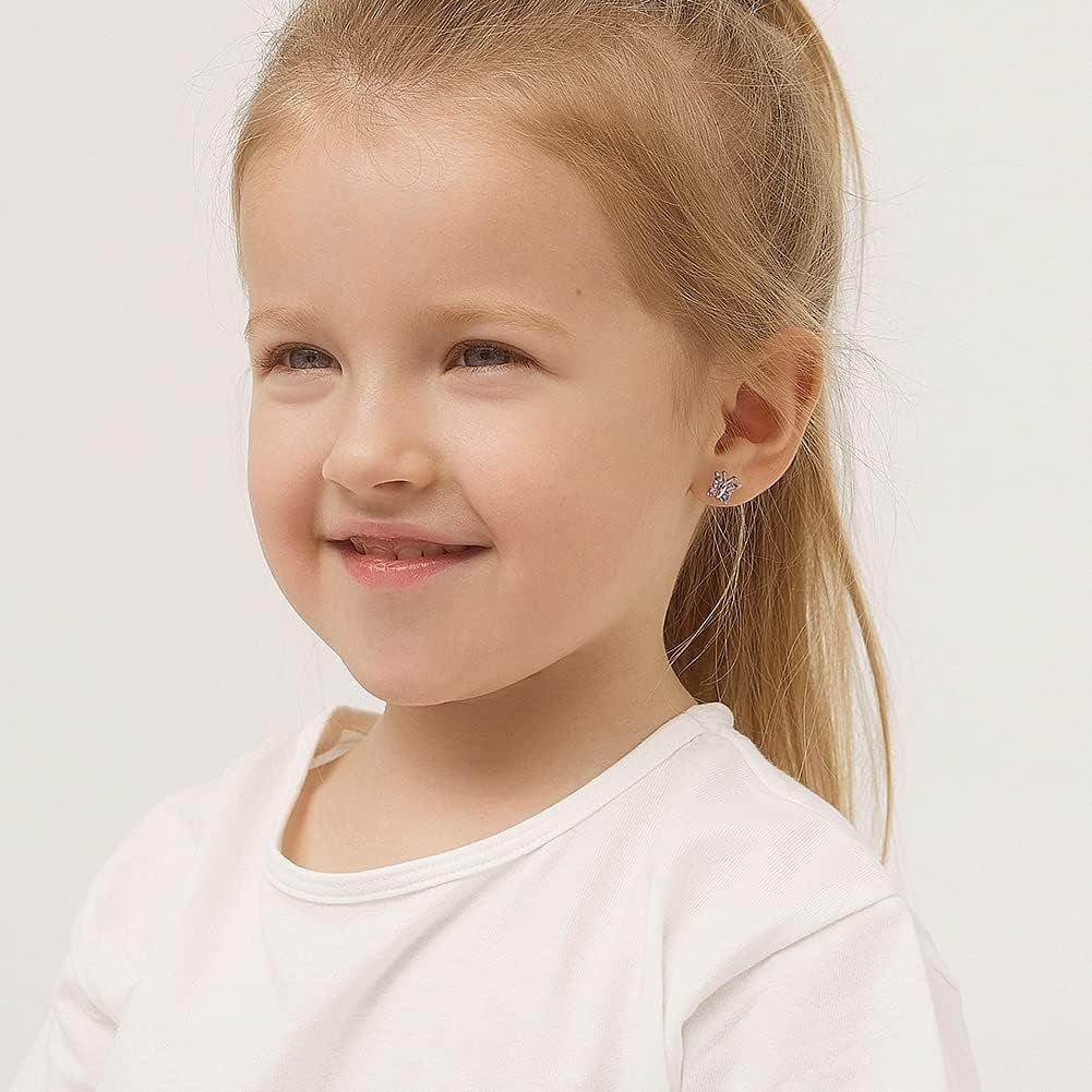 925 Sterling Silver Cubic Zirconia Butterfly Screw Back Earrings for Little Girls & Teens - Eye-Catching and Fashionable Safety Stud Earrings - Sparkly and Elegant Jewelry for Girls