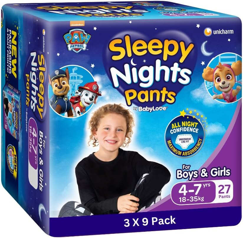 Babylove 27 Piece (3 Pack X 9) Premium Sleepy Nights Overnight Nappy Pants 18-35Kg (4-7 Years)