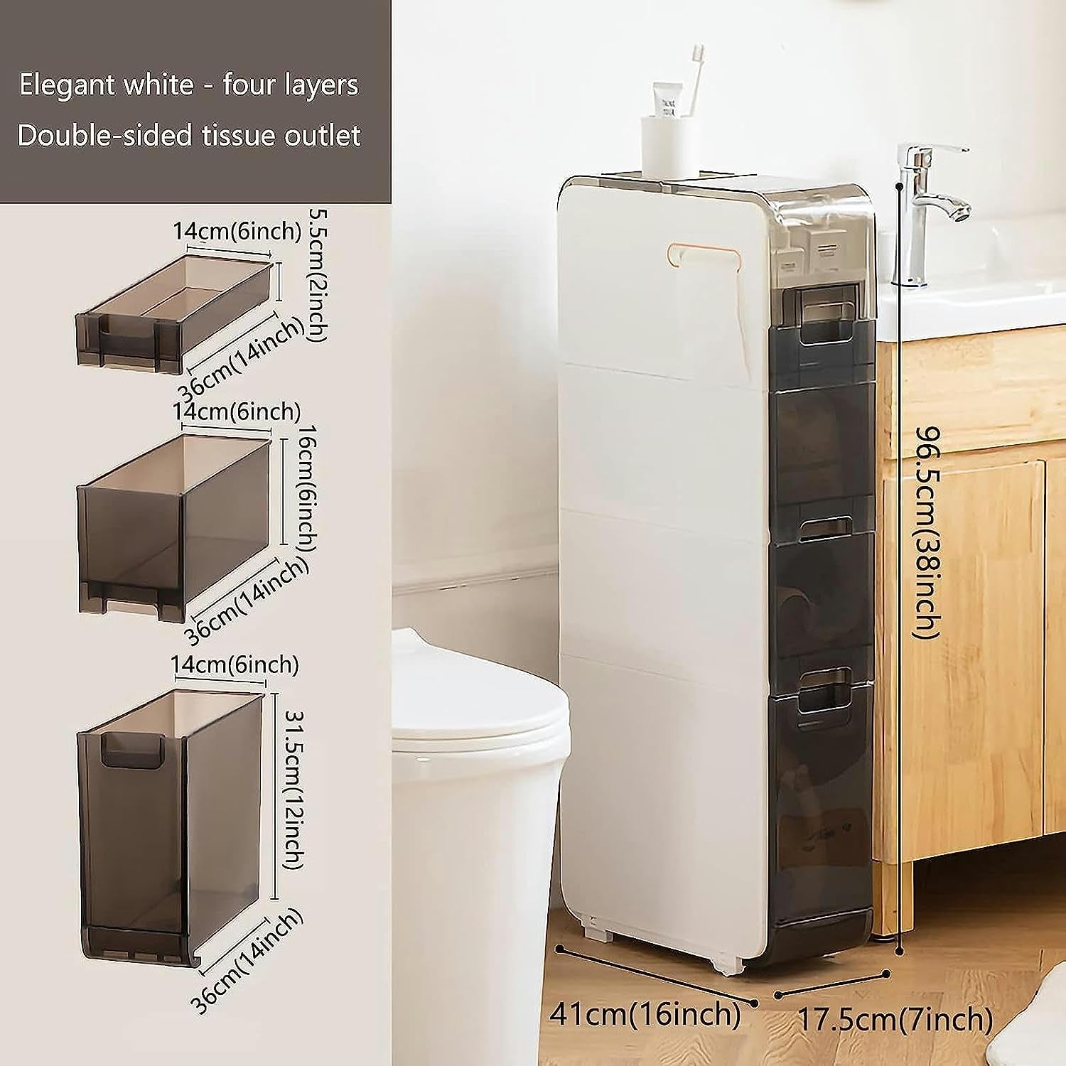 4 Tier Bathroom Floor Cabinet, Vertical Storage Unit with Clear Drawers and Casters, Narrow Tall Slim Storage Tower Waterproof Toilet Paper Storage Cabinet for Small Spaces Gaps