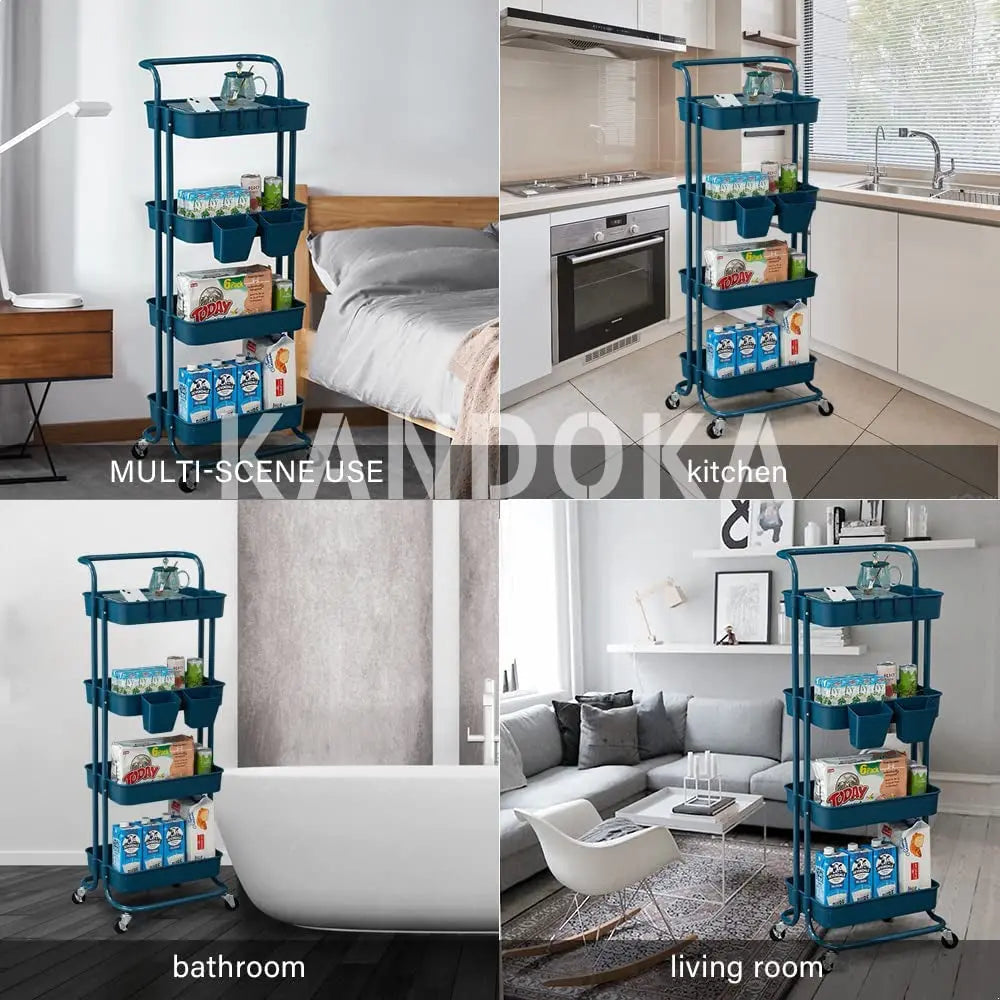 4 Tier Rolling Cart Organizer Kitchen Utility Cart with Wheels Kitchen Storage Cart on Wheels Spice Rack Organizer with Handle & Hooks & Cups Trolley Pantry Organizer Shelf Bathroom Accessories(Blue)
