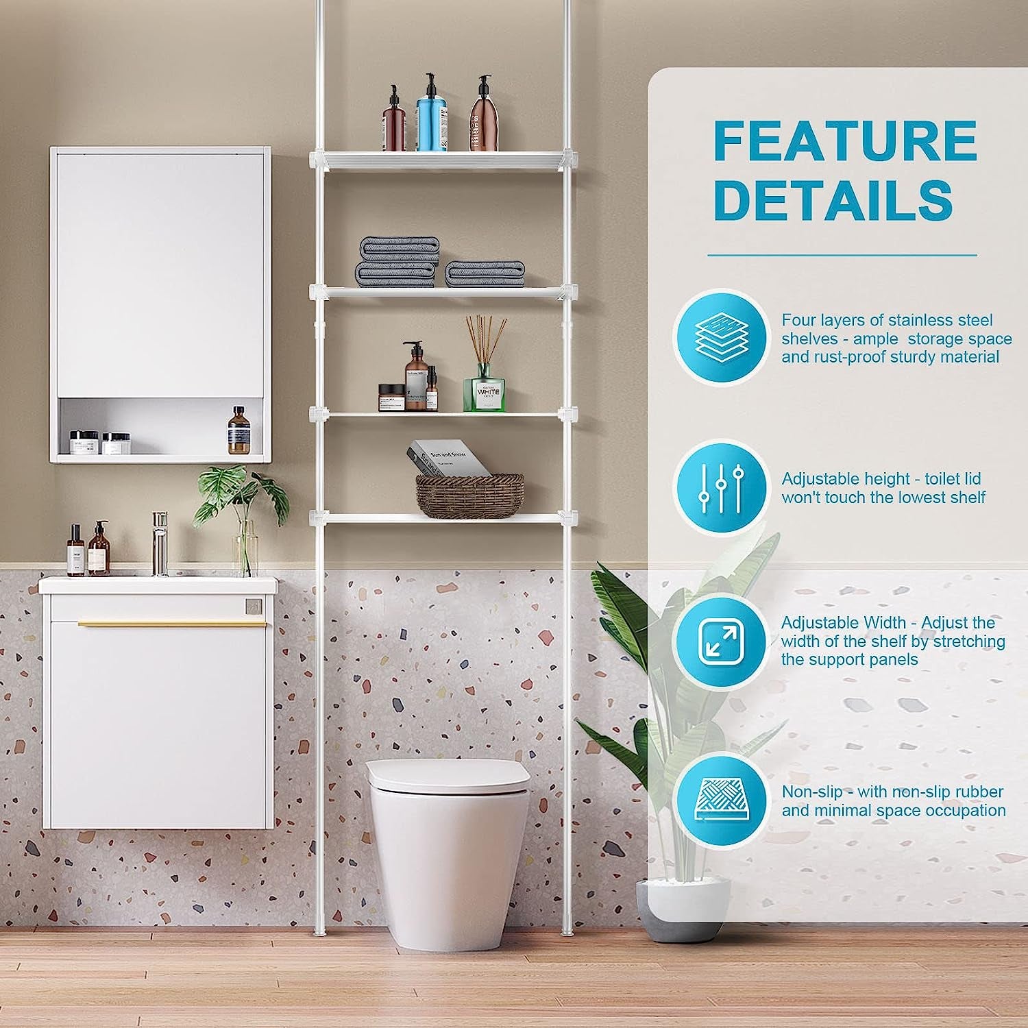 Bathroom Organizer, 4-Tier Over-The-Toilet Storage, Adjustable Floor to Ceiling Storage Cabinet, Metal Bathroom Shelves for Small Room, Saving Space, 65 to 116 Inch Tall, White