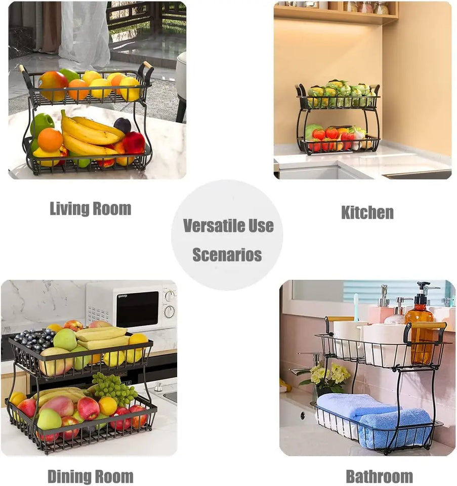 Metal Wire Two Tier Home and Kitchen Storage & Organisation Rack, Stackable Snack Table Organiser Rack, Detachable Bathroom Organiser Basket, Black