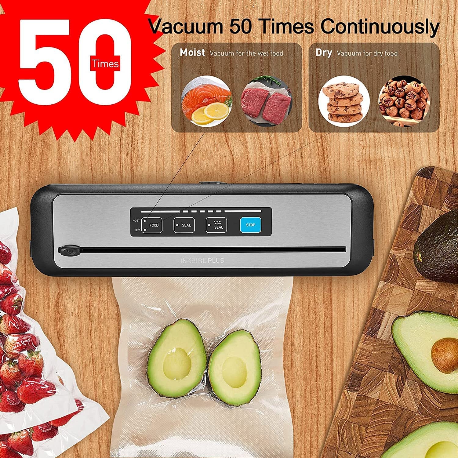 Vacuum Sealer Automatic Sealing Machine for Food Preservation Dry Moist Sealing Modes with Built-In Cutter Starter Kit Easy Cleaning Stainless Steel Panel Compact Design Led Indicator Lights