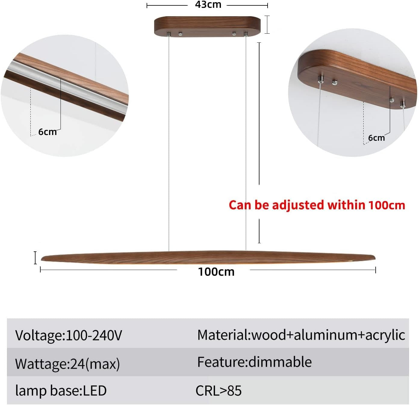 Wood Linear Pendant Light LED Dimmable Chandelier Long Strip Ceiling Hanging Lamp Height Adjustable Dining Room Light for Kitchen Island Walnut Color