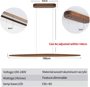 Wood Linear Pendant Light LED Dimmable Chandelier Long Strip Ceiling Hanging Lamp Height Adjustable Dining Room Light for Kitchen Island Walnut Color