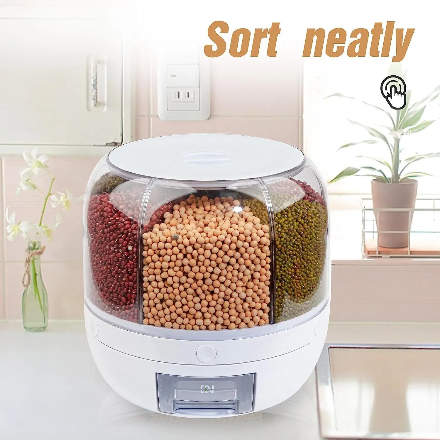 Gingersun 6In1 Rotating Grain Dispenser, 6 Compartment 360° Rotating Rice Storage Cereal Container Box Kitchen Food Divided Case with Measure Cup, 8KG Capacity