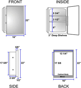 16" X 22" Medicine Cabinets for Bathroom with Mirror - Bright Steel Framed, Recessed, Modern Home Décor, Bright Steel, Non-Adjustable Shelves