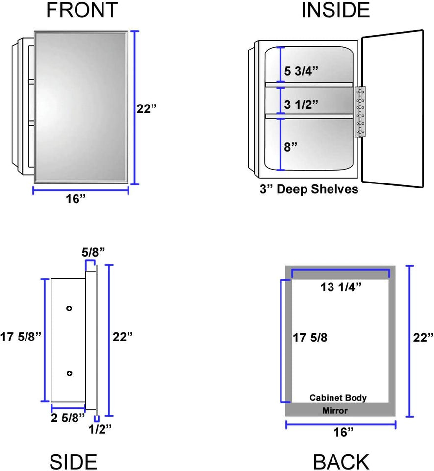 16" X 22" Medicine Cabinets for Bathroom with Mirror - Bright Steel Framed, Recessed, Modern Home Décor, Bright Steel, Non-Adjustable Shelves