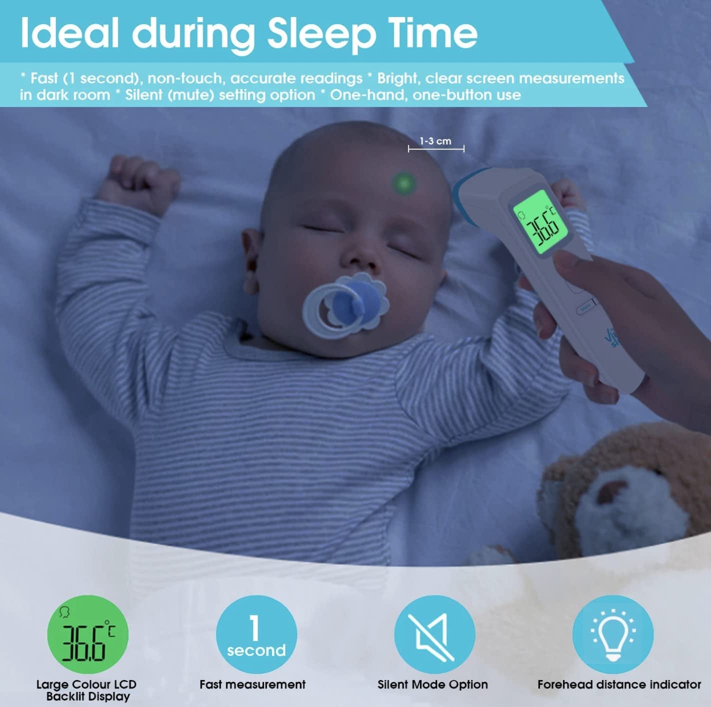 Digital Forehead/Body Temperature Non-Contact Baby Thermometer with Infrared Sensors, Also for Kids and Adults, Food/Drinks/Room Readings, Personal Fever Check Alarm, Silent Mode, LED Screen 3 Colours