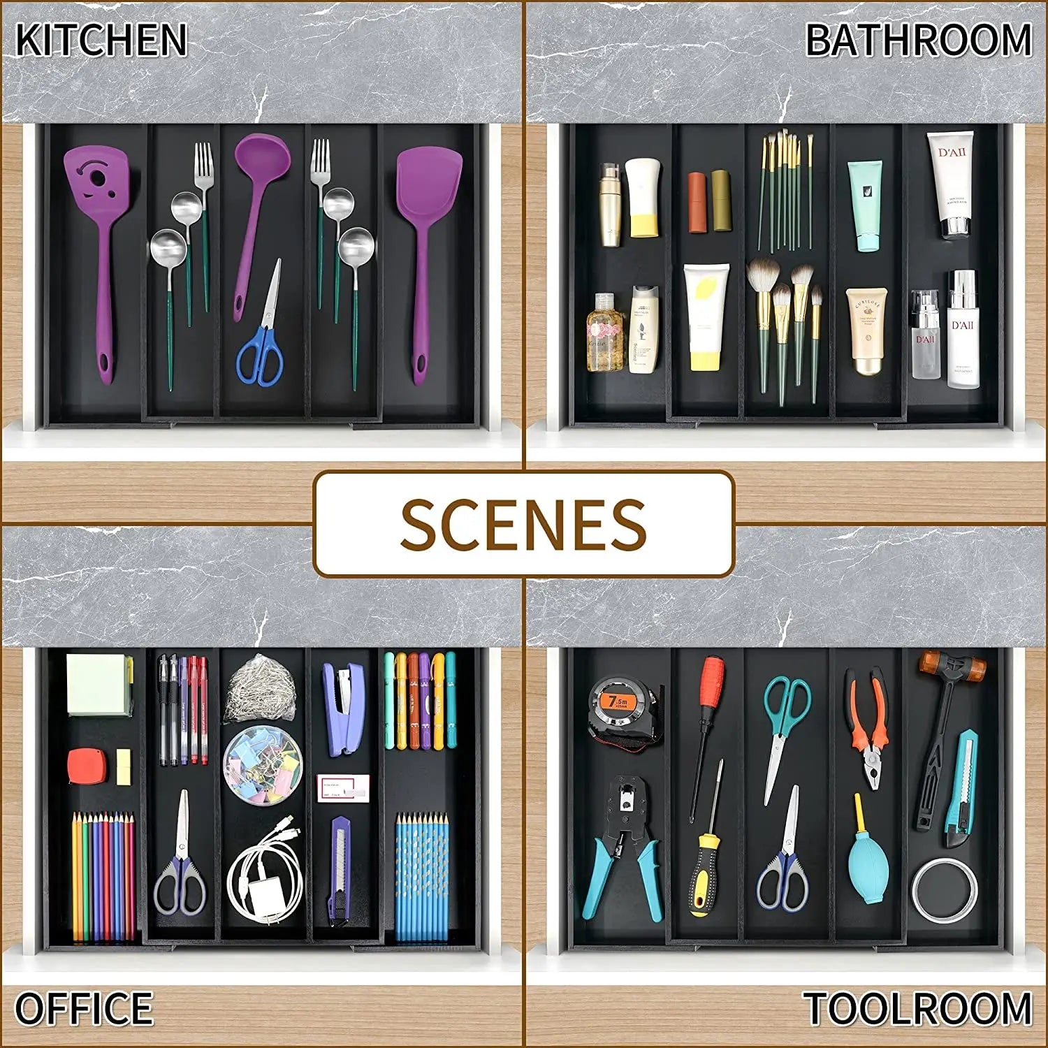 Bamboo Black Expandable Kitchen Drawer Organizer, Adjustable Utensil Holder and Cutlery Tray Organiser, Drawer Divider for Silverware, Flatware, Knives in Kitchen, Bedroom, Living Room