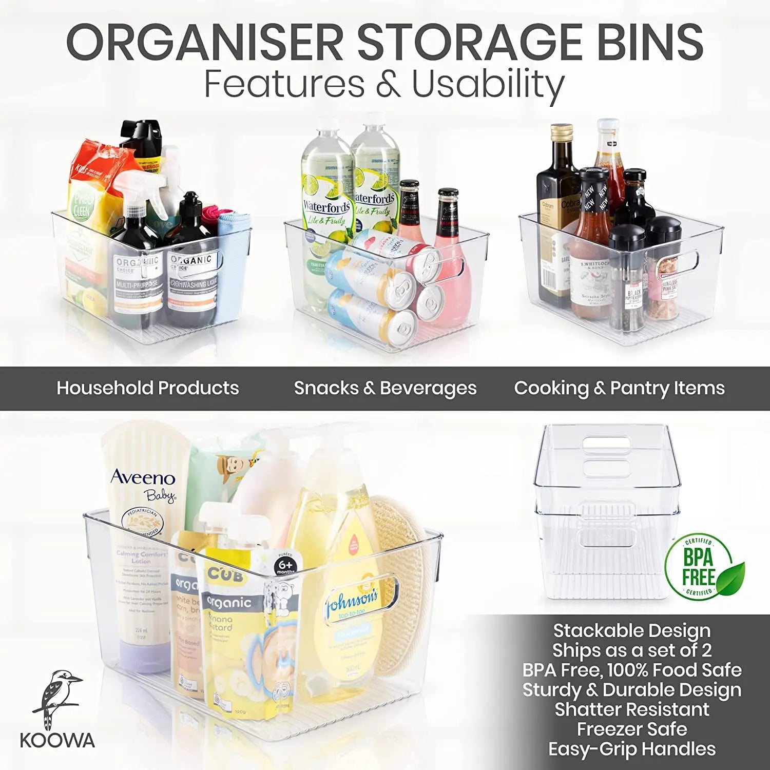 Clear Pantry Organiser Bins (2 Pack) Plastic Pantry Storage Bins | Bathroom Organiser Storage | Freezer Fridge Organiser & Storage Containers | Laundry, Kitchen, Garage & Medicine Organisation
