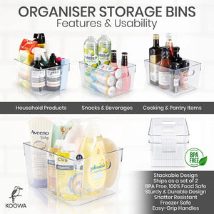 Clear Pantry Organiser Bins (2 Pack) Plastic Pantry Storage Bins | Bathroom Organiser Storage | Freezer Fridge Organiser & Storage Containers | Laundry, Kitchen, Garage & Medicine Organisation