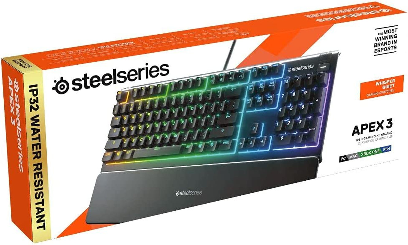 Apex 3 Whisper Quiet IP32 Water & Dust-Resistant Gaming Keyboard - Prism 10-Zone RGB Illumination - Premium Magnetic Wrist Rest