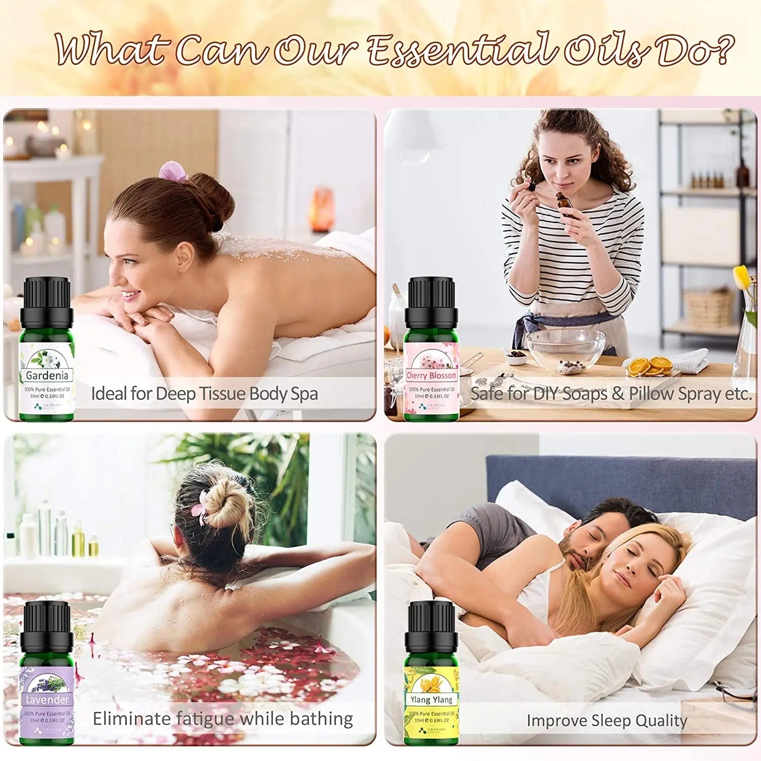 Floral Essential Oil Set, Top 6 Natural 100% Pure Aromatherapy Oils for Oil Diffusers, Jasmine, Ylang Ylang, Gardenia, Rose, Cherry Blossom, Lavender for Home and Office, Promote Focus, Positivity and Happiness