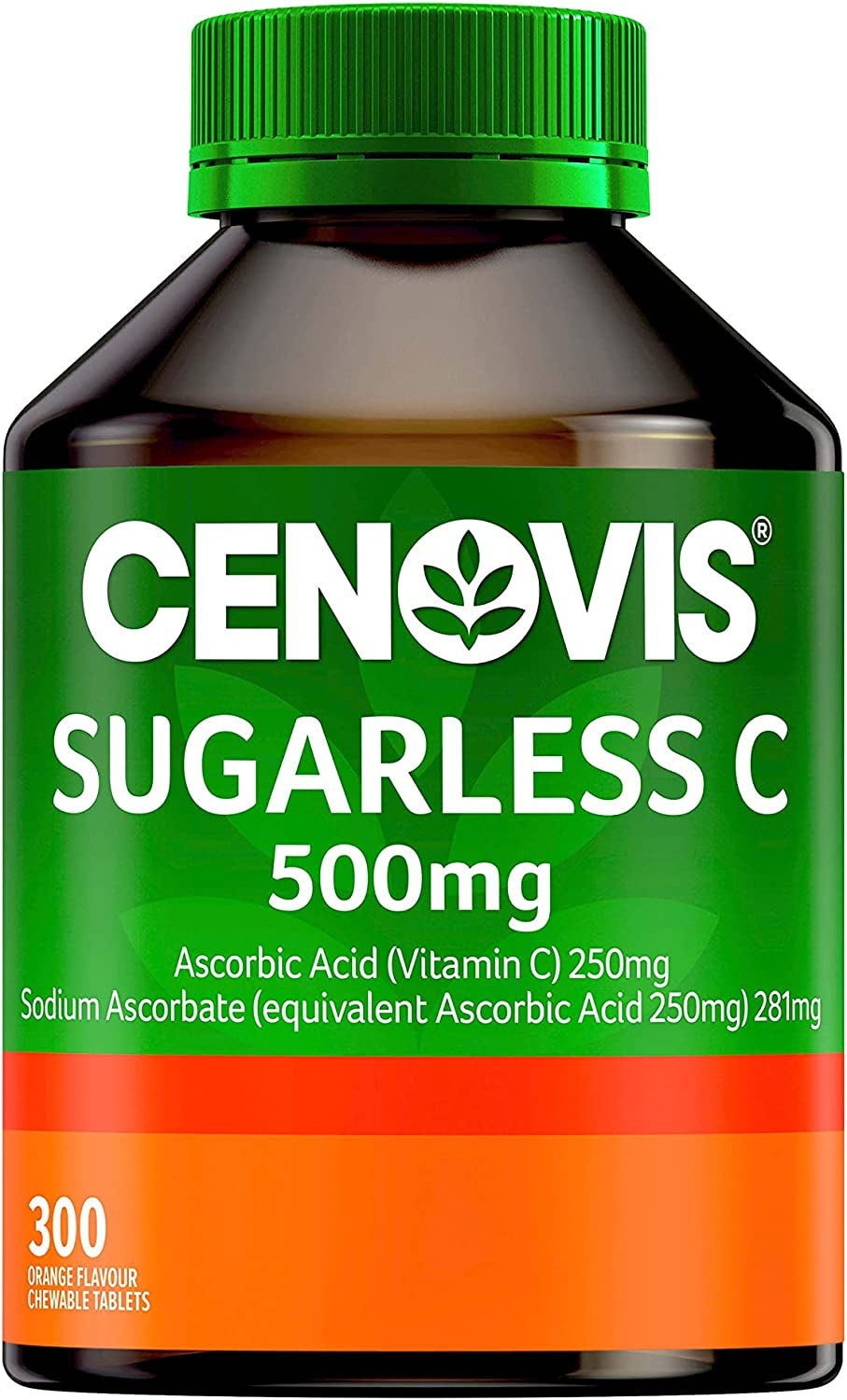 Sugarless Vitamin C for Immune Support 500Mg - Reduces the Duration and Relieves Severity of Common Cold Symptoms - 300 Orange Flavour Chewable Tablets