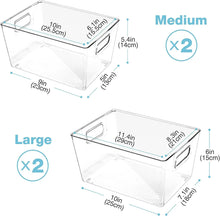 Load image into Gallery viewer, [2 Large &amp; 2 Medium]  Set of 4 Refrigerator Clear Organizer Bins, Kitchen Storage Plastic Food Containers with Handles for Pantry, Fridge, Freezer, Cabinet - BPA Free
