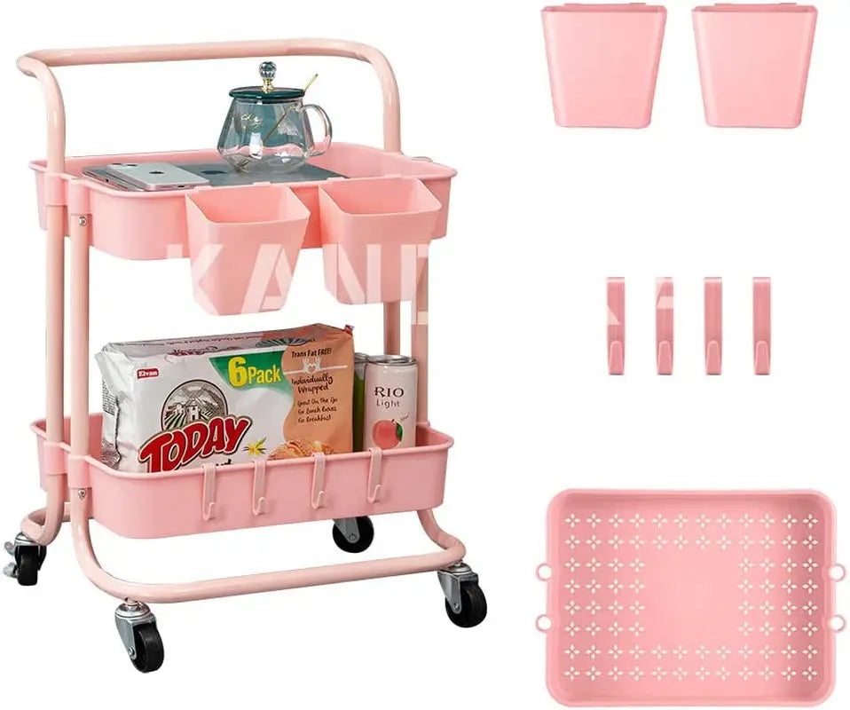 2 Tier Rolling Cart Organizer Kitchen Utility Cart with Wheels Kitchen Storage Cart on Wheels Spice Rack Organizer with Handle & Hooks & Cups Trolley Pantry Organizer Shelf Bathroom Accessories(Pink)