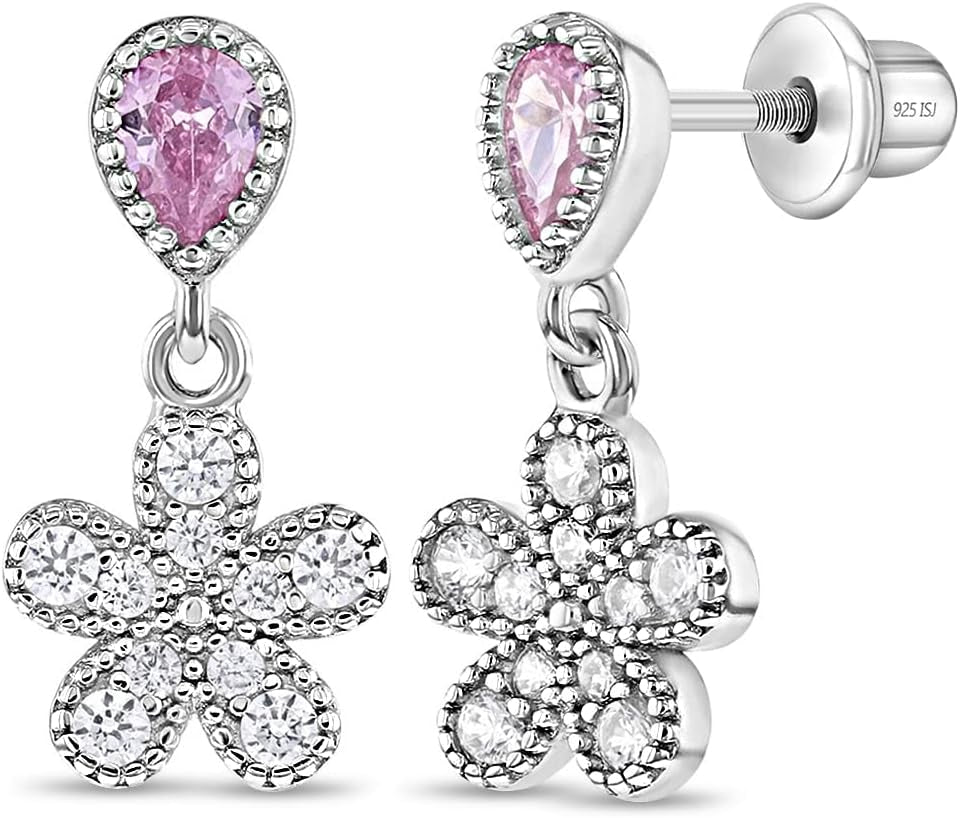925 Sterling Silver Clear Pink CZ Teardrop Flower Dangle Screw Back Earrings Girls