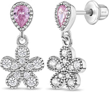 Load image into Gallery viewer, 925 Sterling Silver Clear Pink CZ Teardrop Flower Dangle Screw Back Earrings Girls
