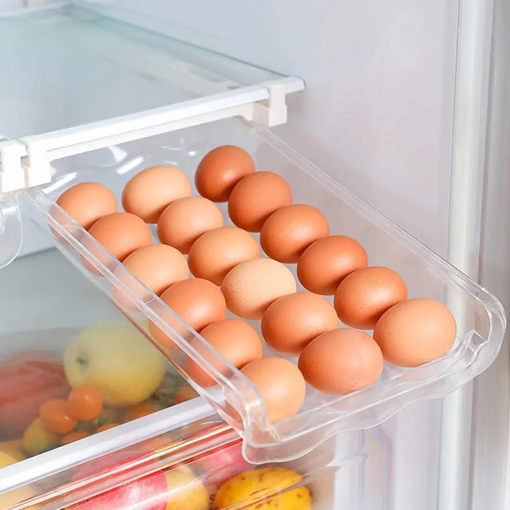 Egg Holder for Refrigerator Drawer,  Egg Tray Storage for Refrigerator, Hangable Egg Dispenser, Plastic Egg Containers Box, save Space, for Fridge Organiser Kitchen Organisation (Capacity 21 Eggs)