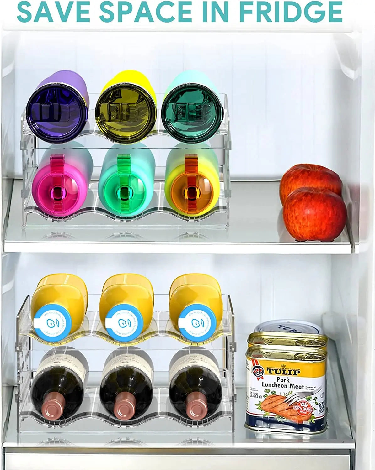 Water Bottle Organiser, Water Bottle Holder Plastic Stackable Water Bottle Storage Rack for Kitchen Cabinets, Countertop, Pantry Storage and Fridge, Free-Standing Tumbler Kitchen Storage Holder for Wine and Drink Bottles (4 Pack)