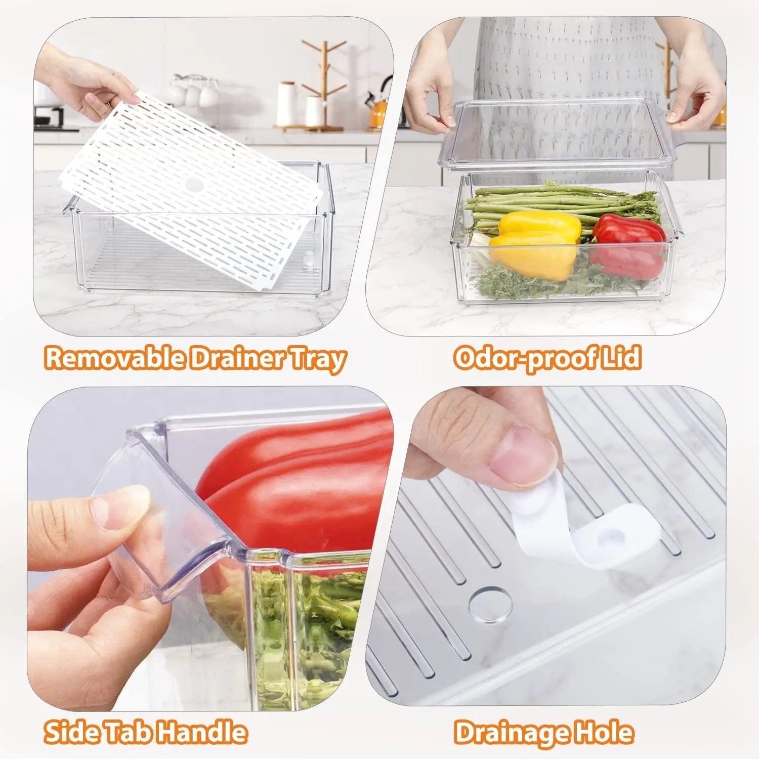 Fridge Food Storage Containers with Lid - 7Pc Stackable Produce Saver with Removable Drain Tray for Vegetable Fruit, Plastic Clear Refrigerator Organizer Bins for Kitchen Cabinet Pantry Organization