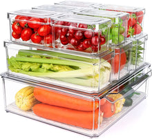 Load image into Gallery viewer, 10 Pack Refrigerator Pantry Organizer Bins, Stackable Fridge Bins with Lids, Clear Plastic Food Storage for Kitchen, Countertops, Cabinets, Fridge, Drinks, Fruits, Vegetable, Cereals
