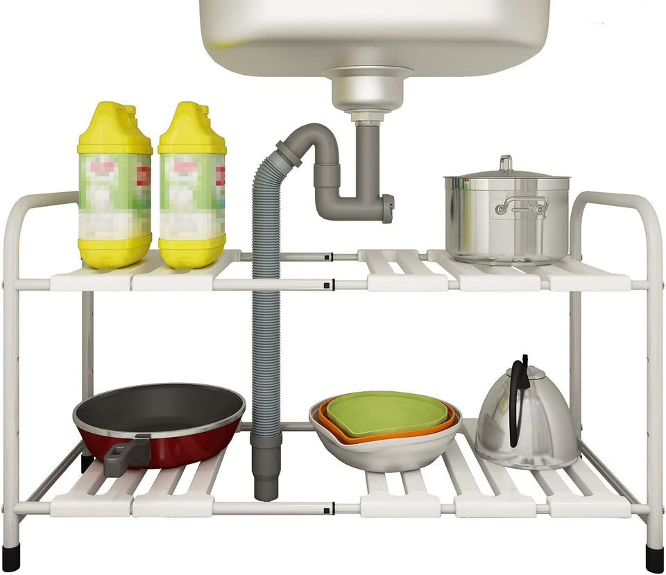 under Sink Shelf,2-Tier Adjustable and Expandable under Sink Organizer,Stainless Steel Sink Storage Rack,Multifunctional Drain Rack,Shelf for Kitchen,Pantry,Plates,Bathroom,Drawers and Cabinets (White)